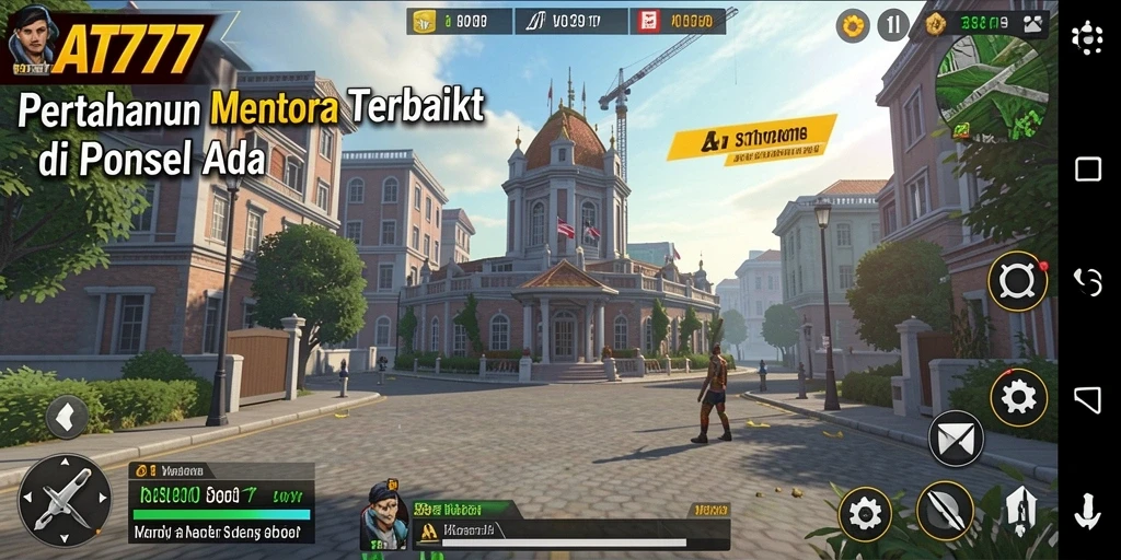Tampilan gameplay AT777 dengan menara beragam melawan gelombang musuh.