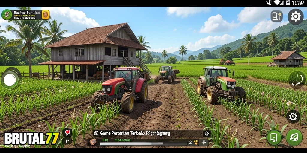 Screenshot gameplay BRUTAL77 yang menunjukkan aktivitas pertanian yang seru.