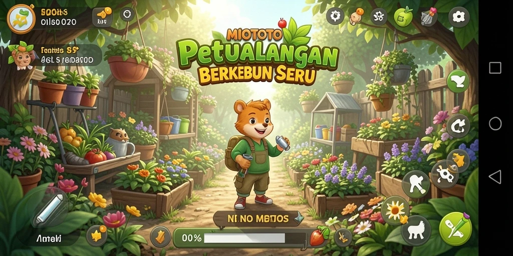 Screenshot gameplay MIOTOTO menampilkan aktivitas berkebun yang seru dan interaktif.