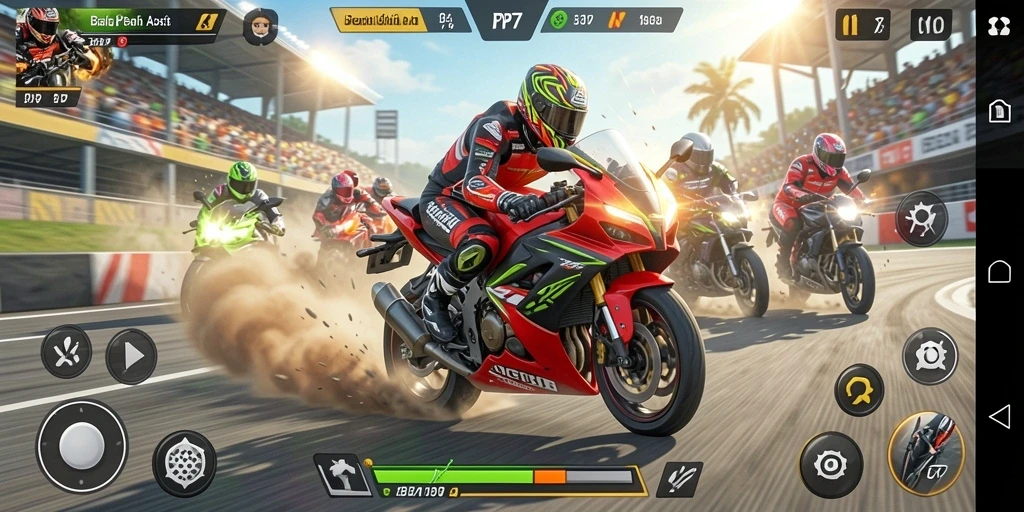 Screenshot tampilan gameplay motor racing yang seru dan menegangkan.